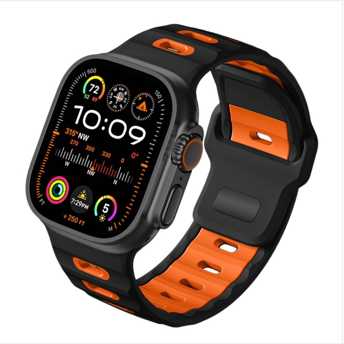 Uno smartwatch nero con un cinturino arancione. Il quadrante mostra l'ora e altre informazioni.