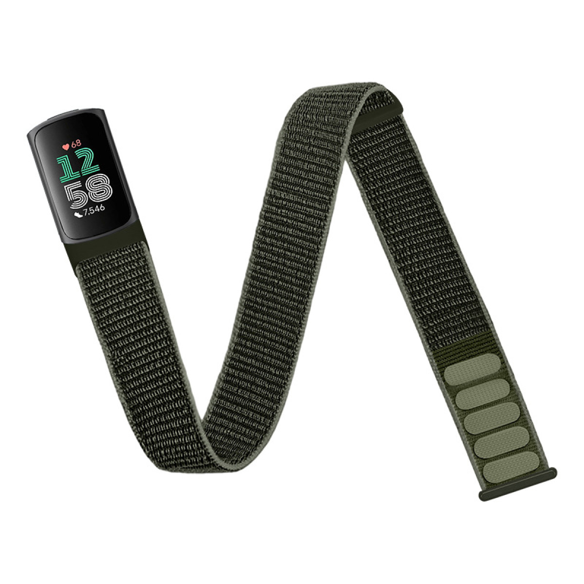 Ein Smartwatch-Armband ist olivgrün mit einem schwarzen Zifferblatt. Das Zifferblatt zeigt die Zeit und die Herzfrequenz.