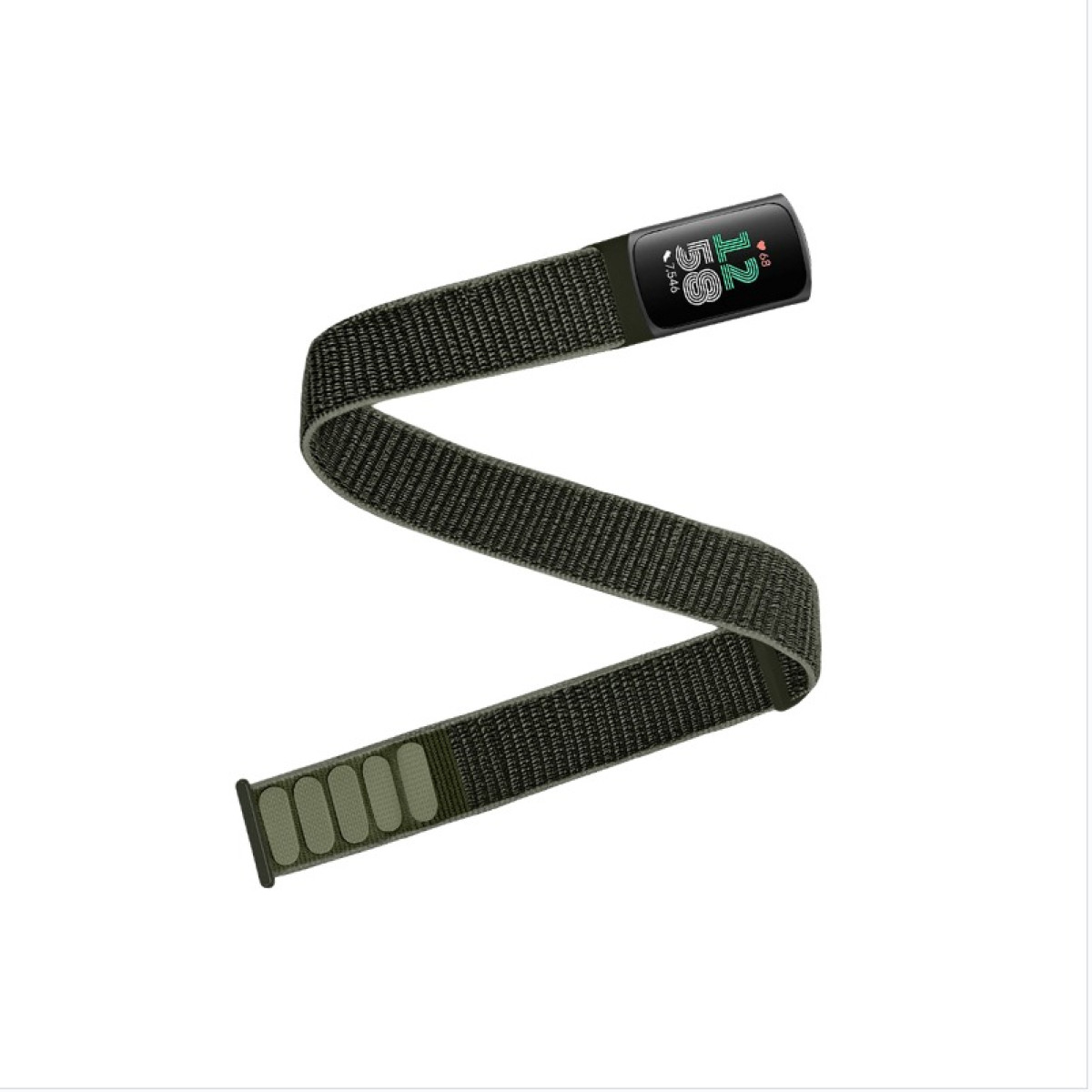 Olivgrünes Fitbit-Armband mit schwarzem Bildschirm, der Zeit und Aktivitätsstatistiken anzeigt, auf weißem Hintergrund.
