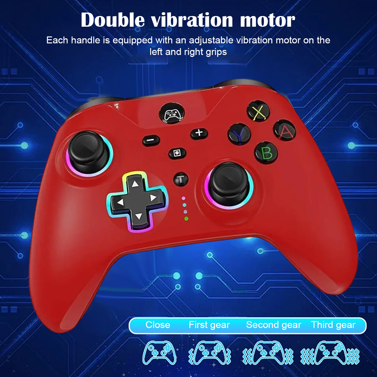 Roter Gamecontroller mit mehreren Knöpfen und Steuerkreuz. Zeigt Getriebeeinstellungen am Bildrand.