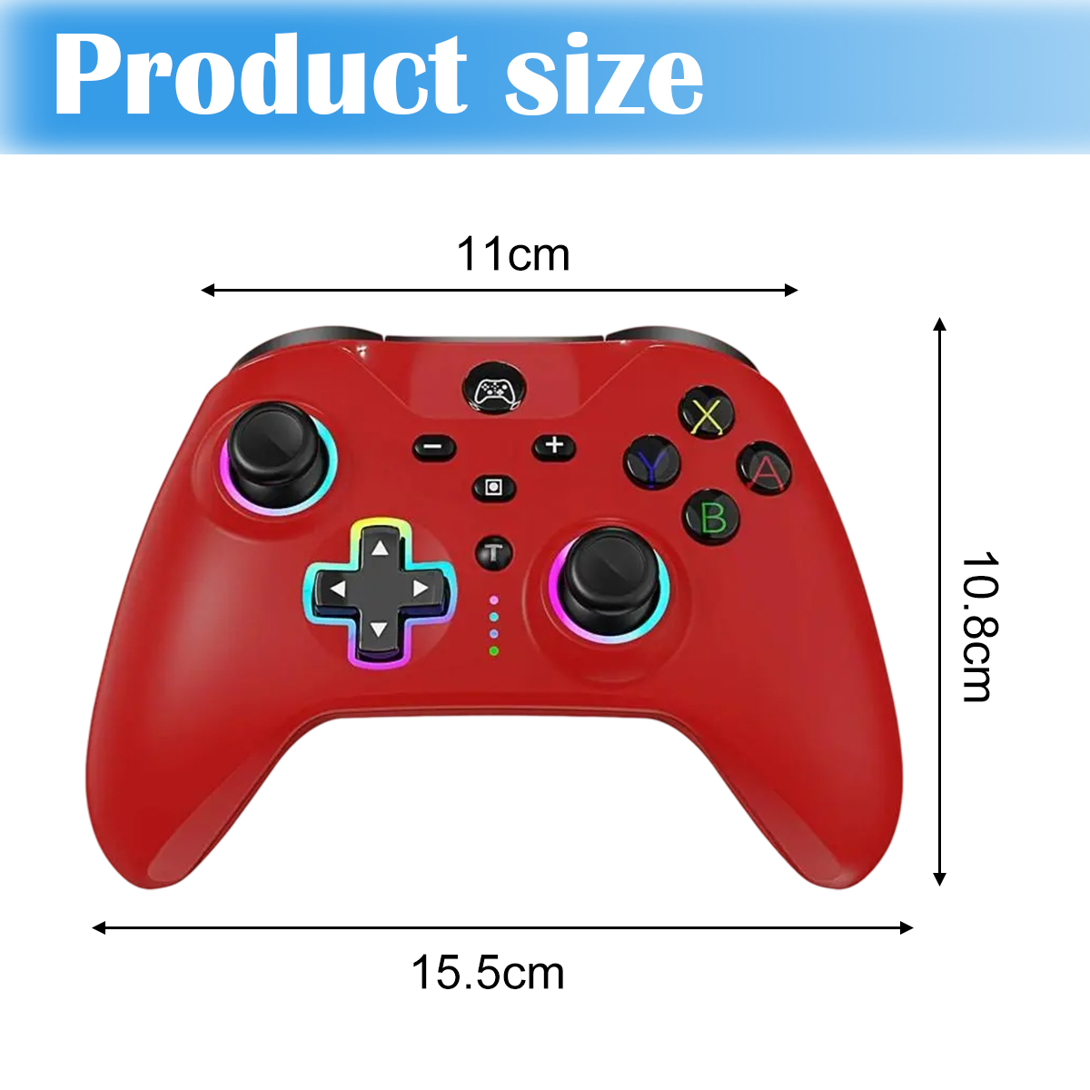 Ein roter Controller mit Abmessungen. Der Controller hat Knöpfe und Joysticks. Die Größe ist 15,5 x 10,8 x 11 cm.