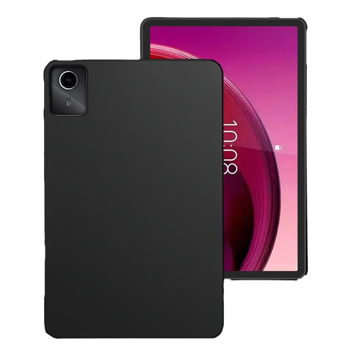 Schwarzes Tablet mit schwarzer Hülle, mit nach oben zeigendem Bildschirm. Das Tablet zeigt die Uhrzeit 10:08.