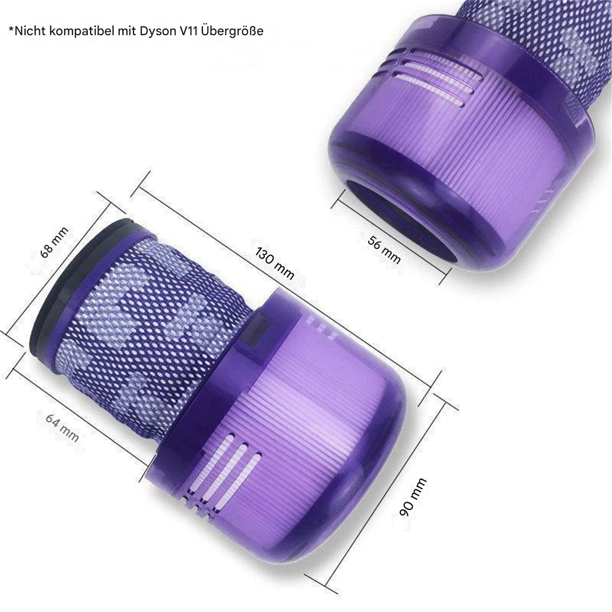 Violette Staubsaugerfilter mit mm-Abmessungen. Text weist darauf hin, dass sie nicht mit manchen Modellen kompatibel sind.