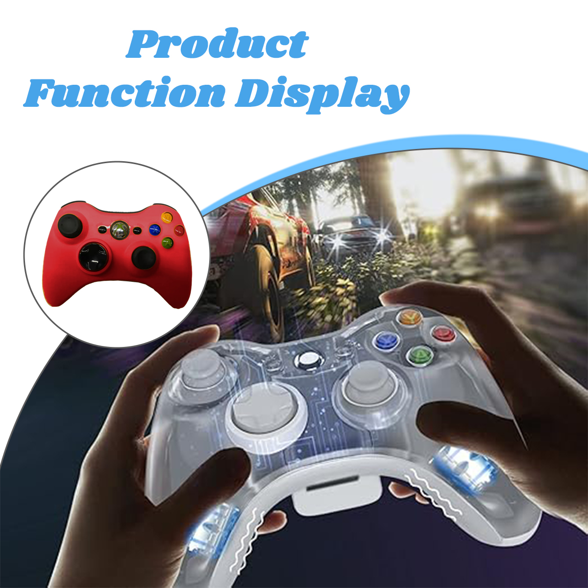 Hände halten einen transparenten Gamecontroller mit Lichtern, Xbox-Controller im Kreis.