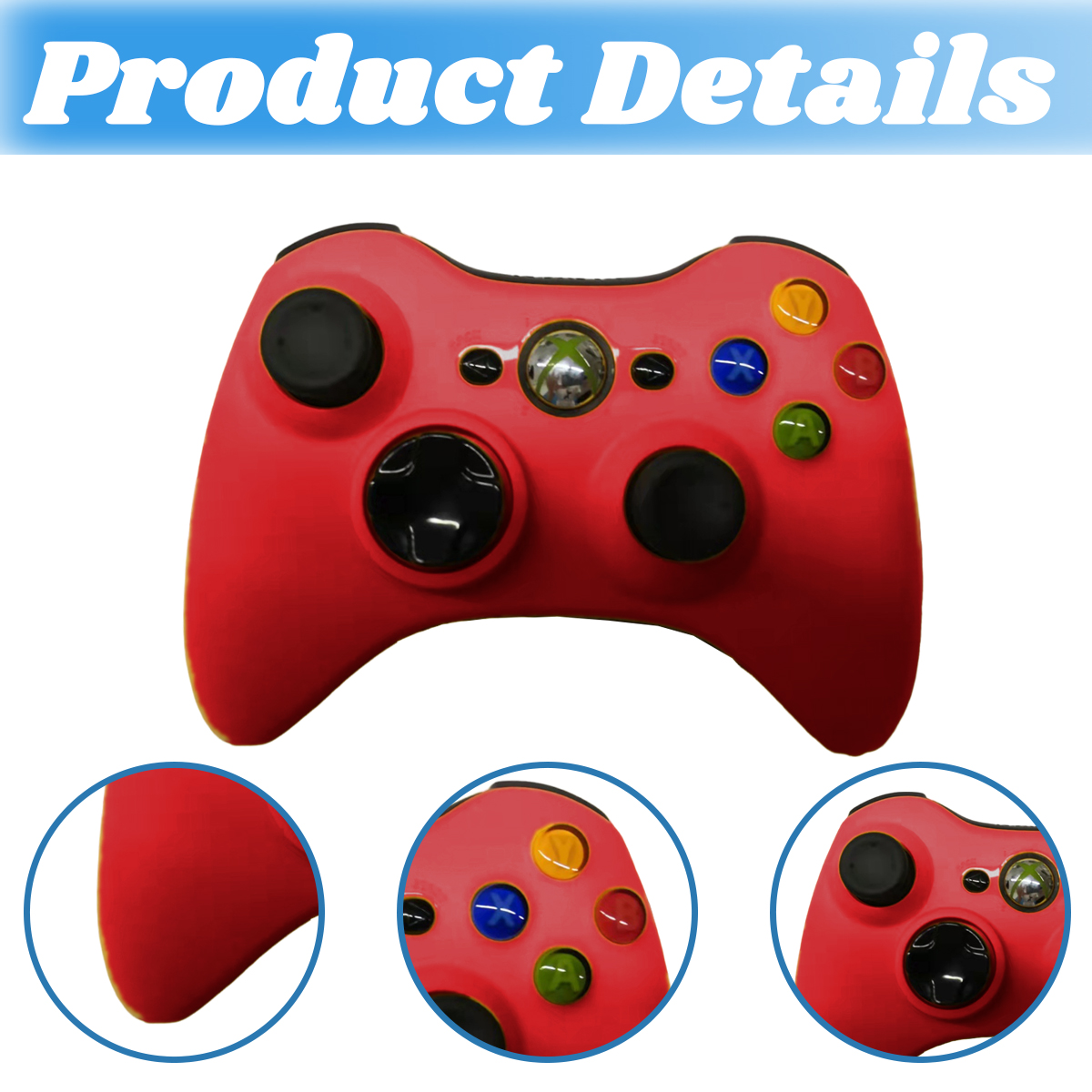 Nahaufnahme der Details eines roten Xbox-Controllers, mit roten Teilen und Knöpfen.