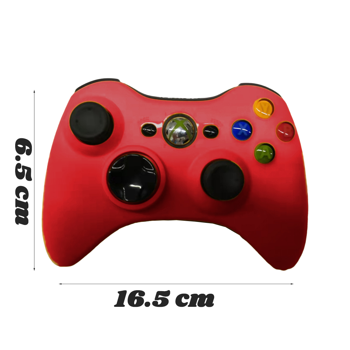 Ein roter Xbox-Controller mit den Maßen 6,5 cm und 16,5 cm auf weißem Grund.