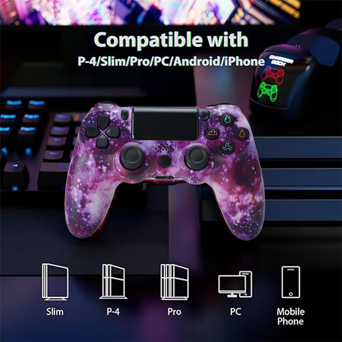 Ein Controller mit Galaxiemuster mit verschiedenen kompatiblen Geräten und Symbolen.