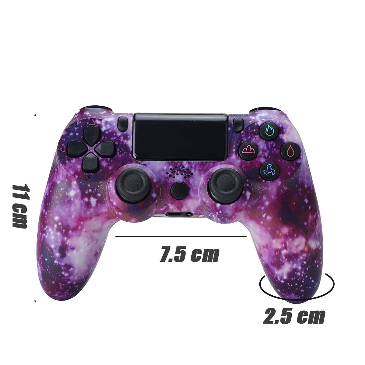 Ein lila Spielcontroller mit Galaxiemuster und den Maßen: 11 cm, 7,5 cm und 2,5 cm.