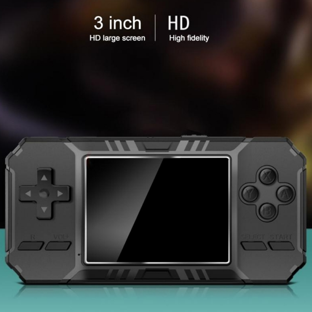 Eine Handheld-Spielkonsole mit Bildschirm, Knöpfen und einem Steuerkreuz. Sie ist schwarz mit dunklem Hintergrund.