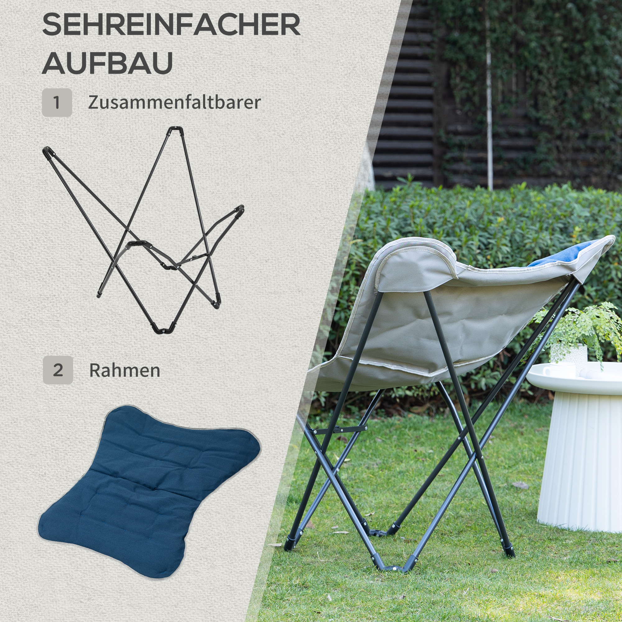 Ein Butterfly-Stuhl in einem Garten. Er wird zusammengebaut. Teile: Rahmen und blaues Sitzkissen.