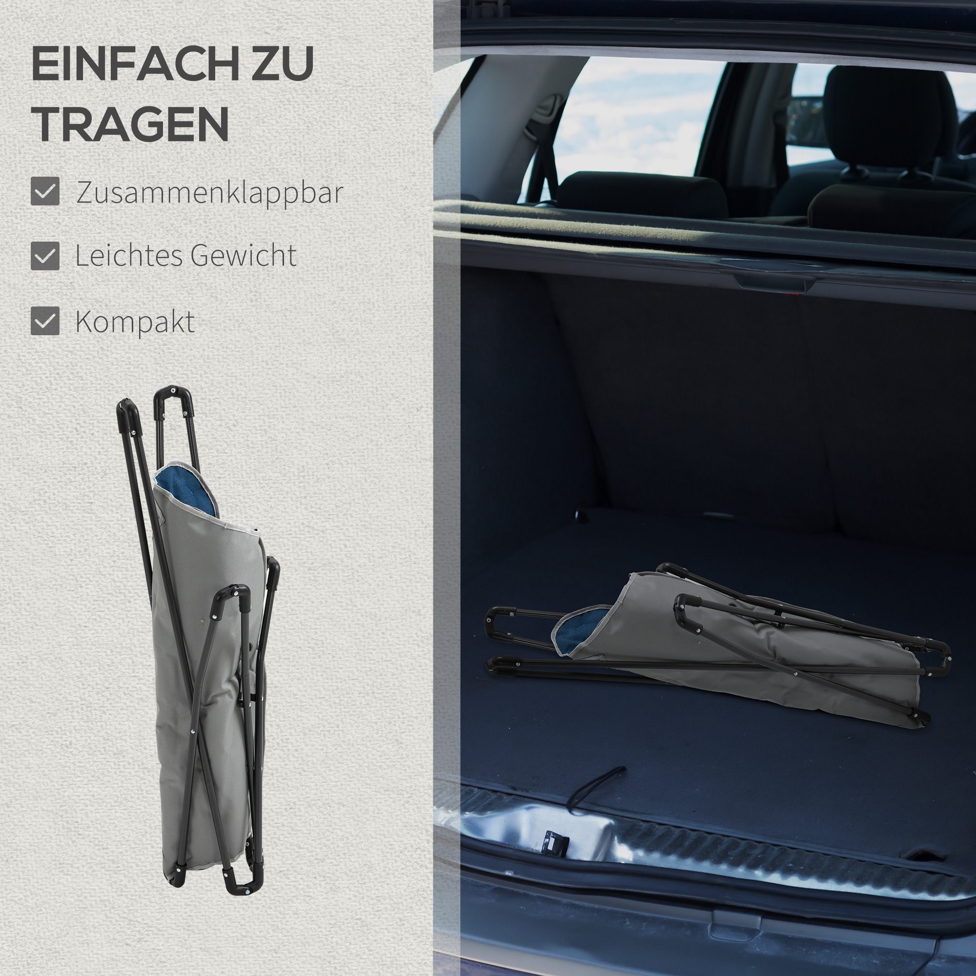 Ein zusammengeklappter Stuhl, mit Blick in den Kofferraum. Er ist als leicht zu transportieren und kompakt gekennzeichnet.
