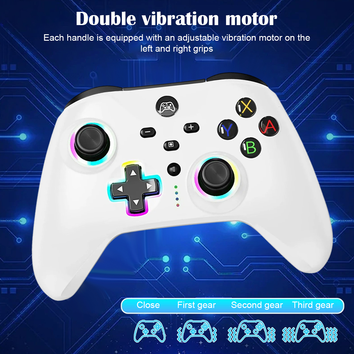 Ein weißes Gamepad mit leuchtenden Knöpfen. Text: Doppelter Vibrationsmotor. Optionen: Aus, Erster Gang, Zweiter Gang, Dritter Gang.