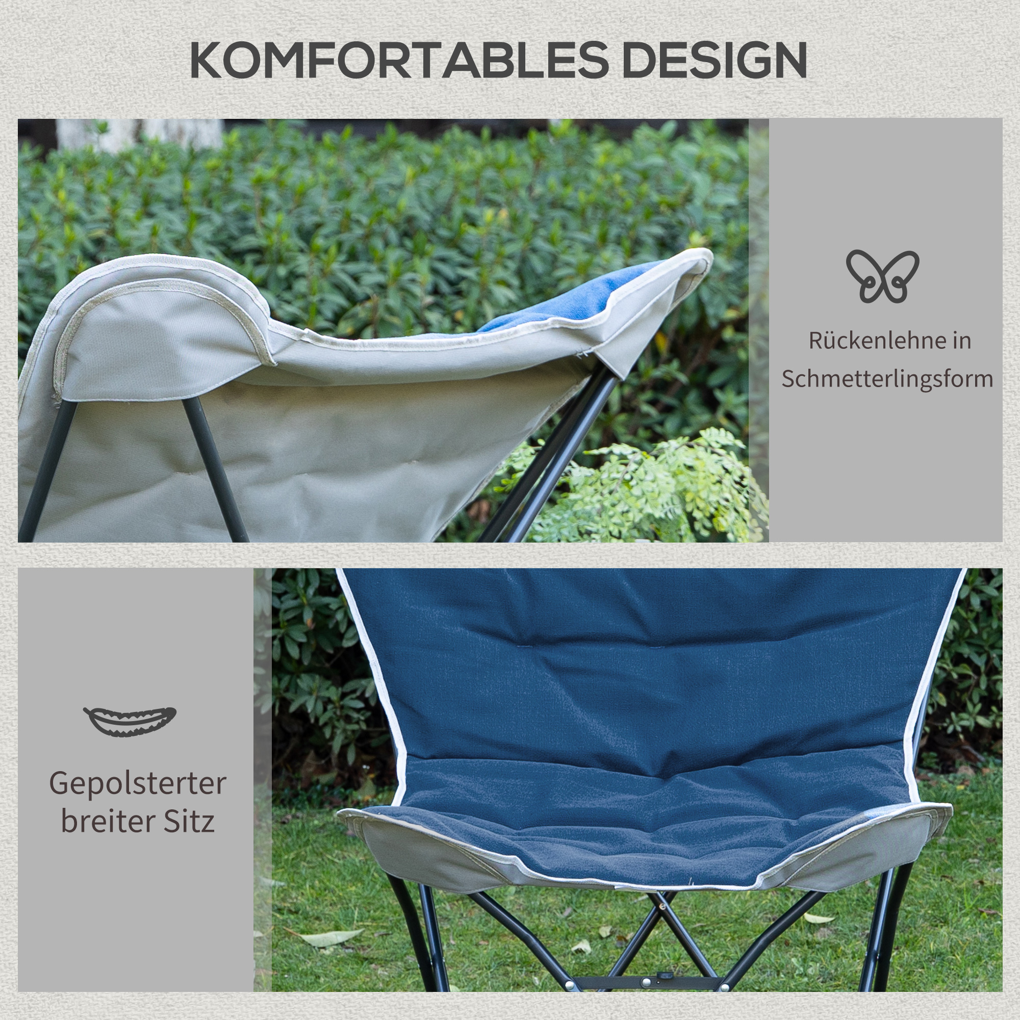 Nahaufnahme eines blauen Schmetterlingsstuhls mit Maßen. Zeigt die Rückenlehne und die Sitzmerkmale.