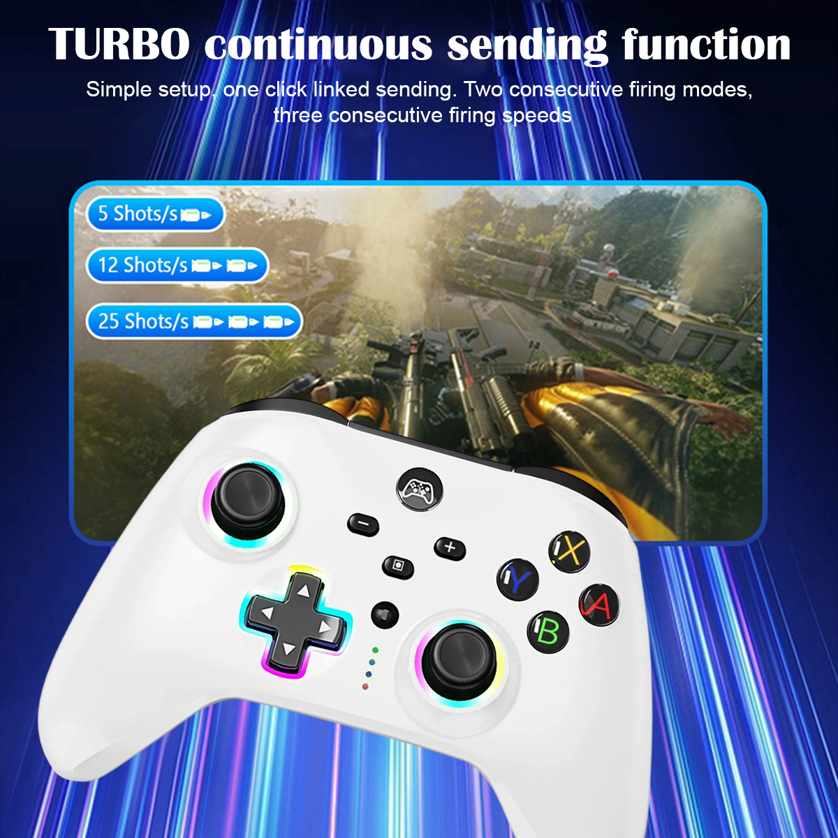 Ein weißer Gamecontroller mit Tasten und einem Bildschirm, der ein Rennspiel zeigt.