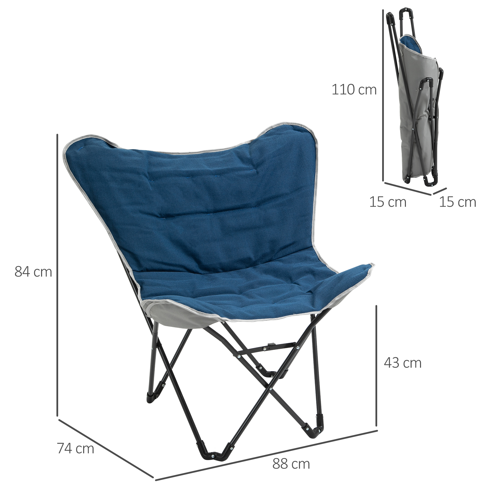Ein blauer Schmetterlingsstuhl mit Maßen. Er ist in einer Seitenansicht gefaltet, um seine Größe zu zeigen.