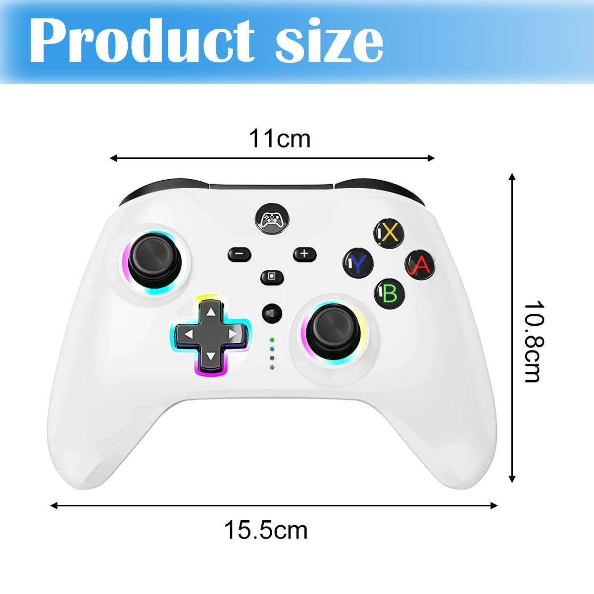 Ein weißer Gamecontroller mit Tasten wird mit den Maßen 15,5 cm x 10,8 cm gezeigt.