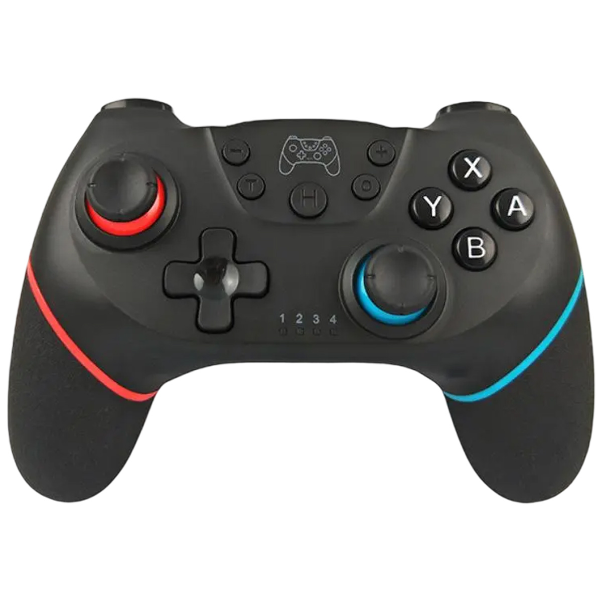 Ein schwarzes Gamepad mit roten und blauen Akzenten. Es hat ein Steuerkreuz, Joysticks und Funktionstasten.