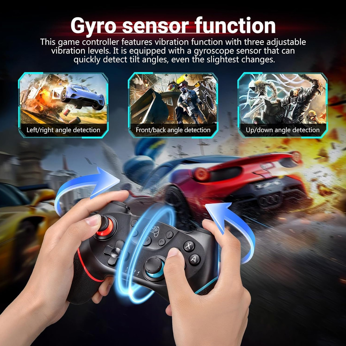 Hände halten einen Controller, mit Bildern, die Spielfunktionen zeigen.