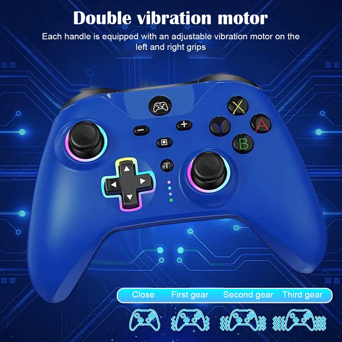 Ein blauer Gamecontroller mit Tasten, einem Kreuz und einem Diagramm mit Getriebeeinstellungen.