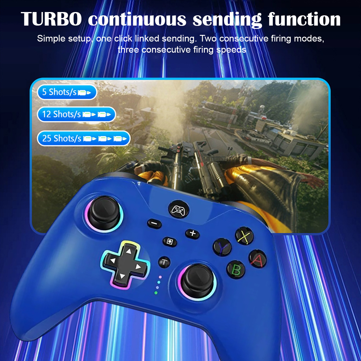 Ein blauer Controller mit einem Bildschirm, der Feuerraten-Einstellungen zeigt.