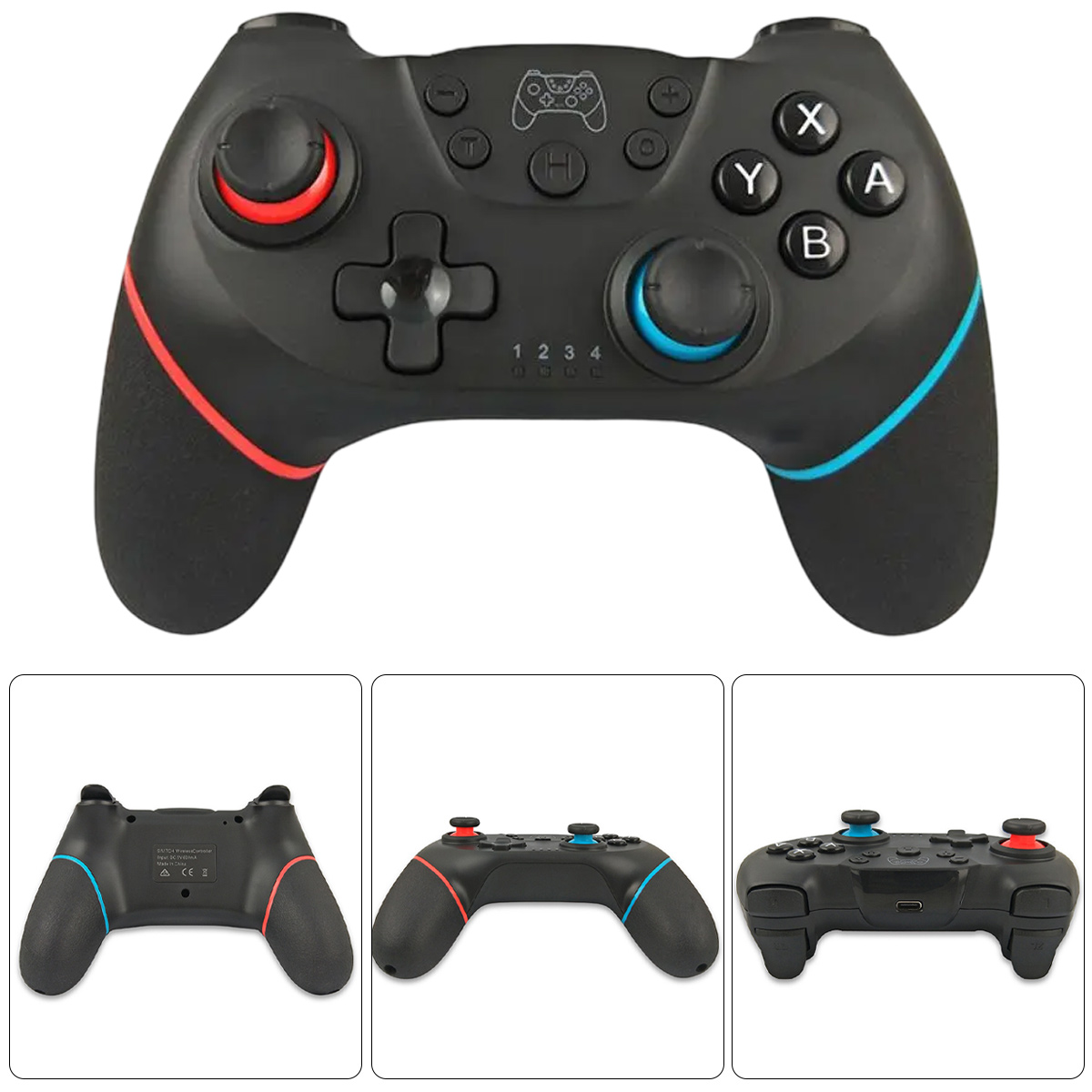 Ein schwarzer Gamecontroller mit mehreren Ansichten und Winkeln.