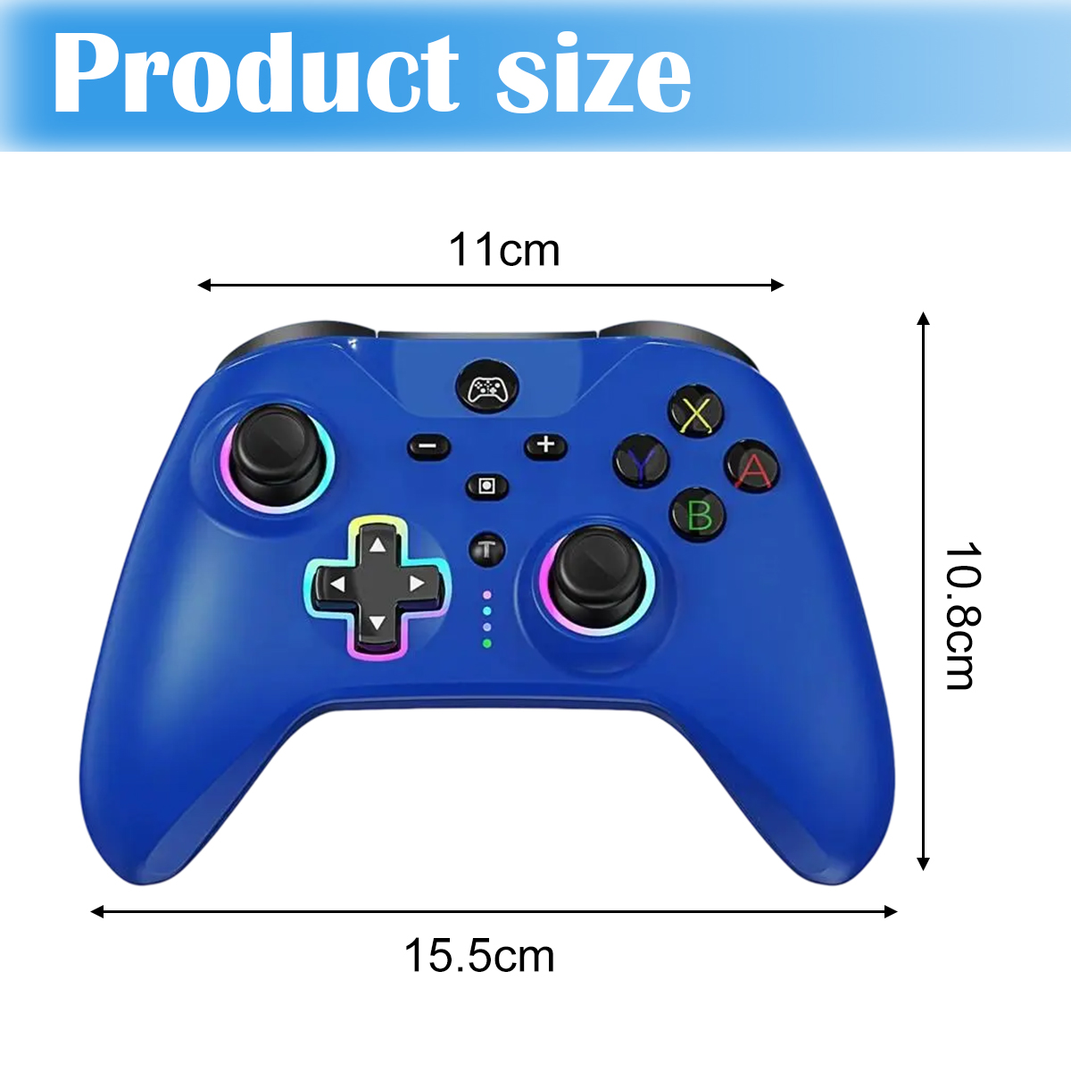 Ein blauer Gamecontroller mit den Maßen 15,5 cm x 10,8 cm.