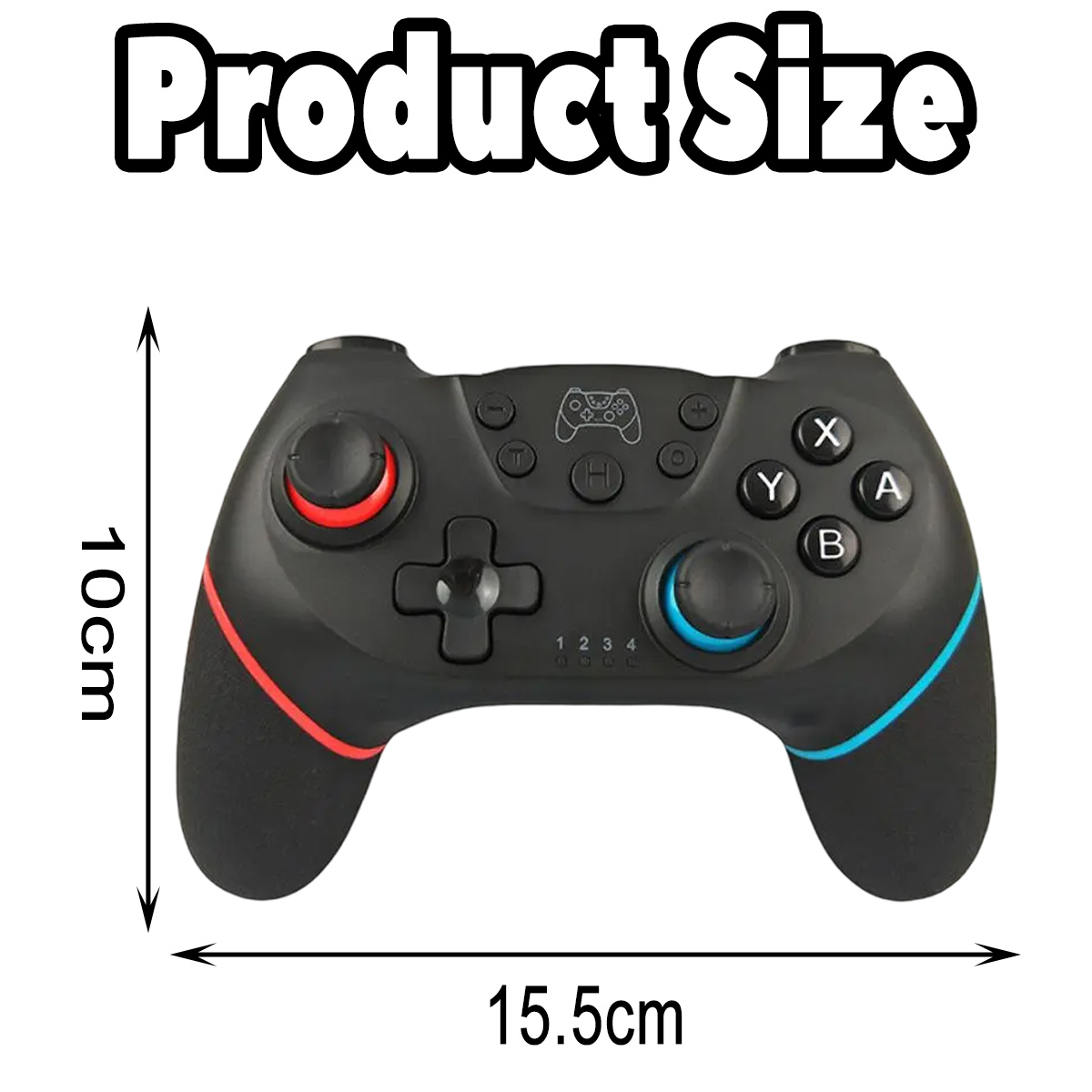 Ein schwarzer Gamecontroller mit roten und blauen Griffen wird mit den Maßen 15,5 cm x 10 cm gezeigt.