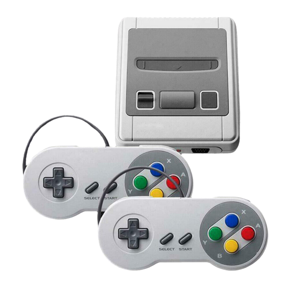 Retro-Spielkonsole mit zwei Controllern. Konsole ist grau und weiß. Controller sind weiß mit schwarzen Knöpfen.