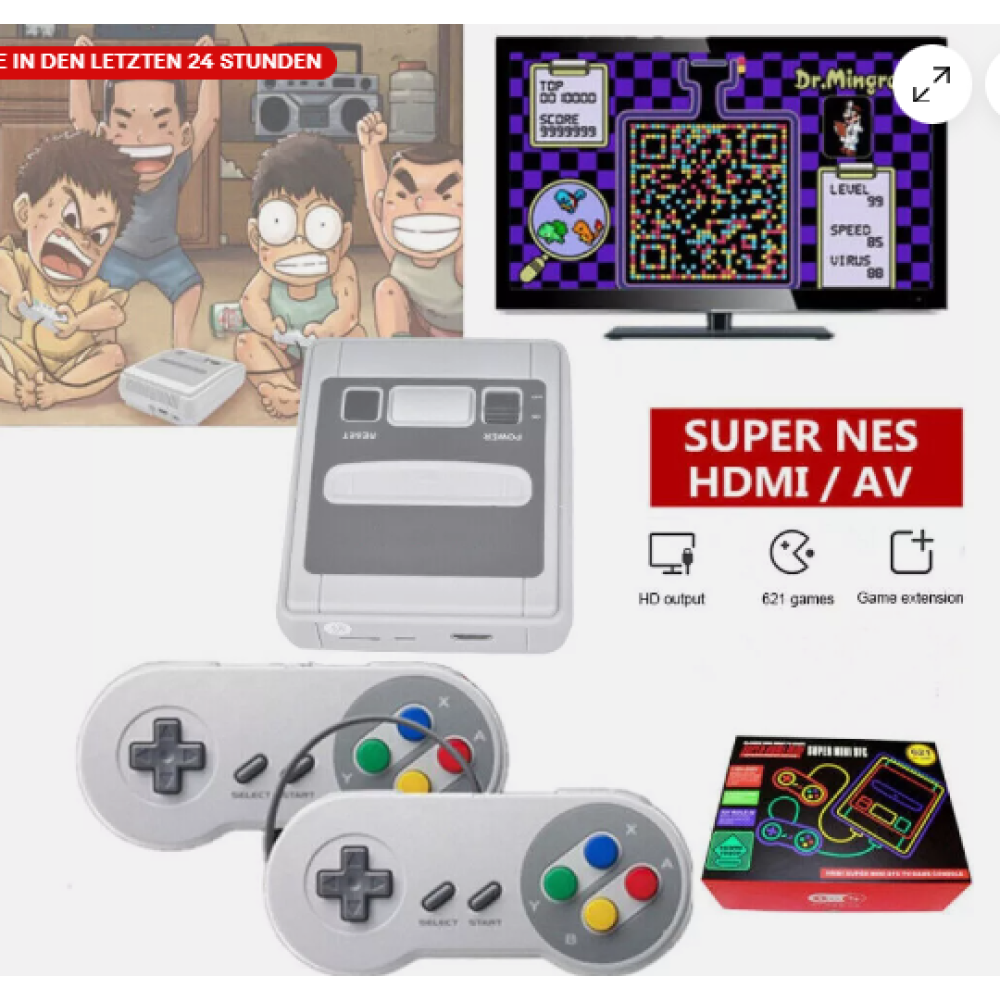 Das Bild zeigt eine Spielkonsole, Controller und eine Spielbox. Im Hintergrund spielen Leute Spiele.