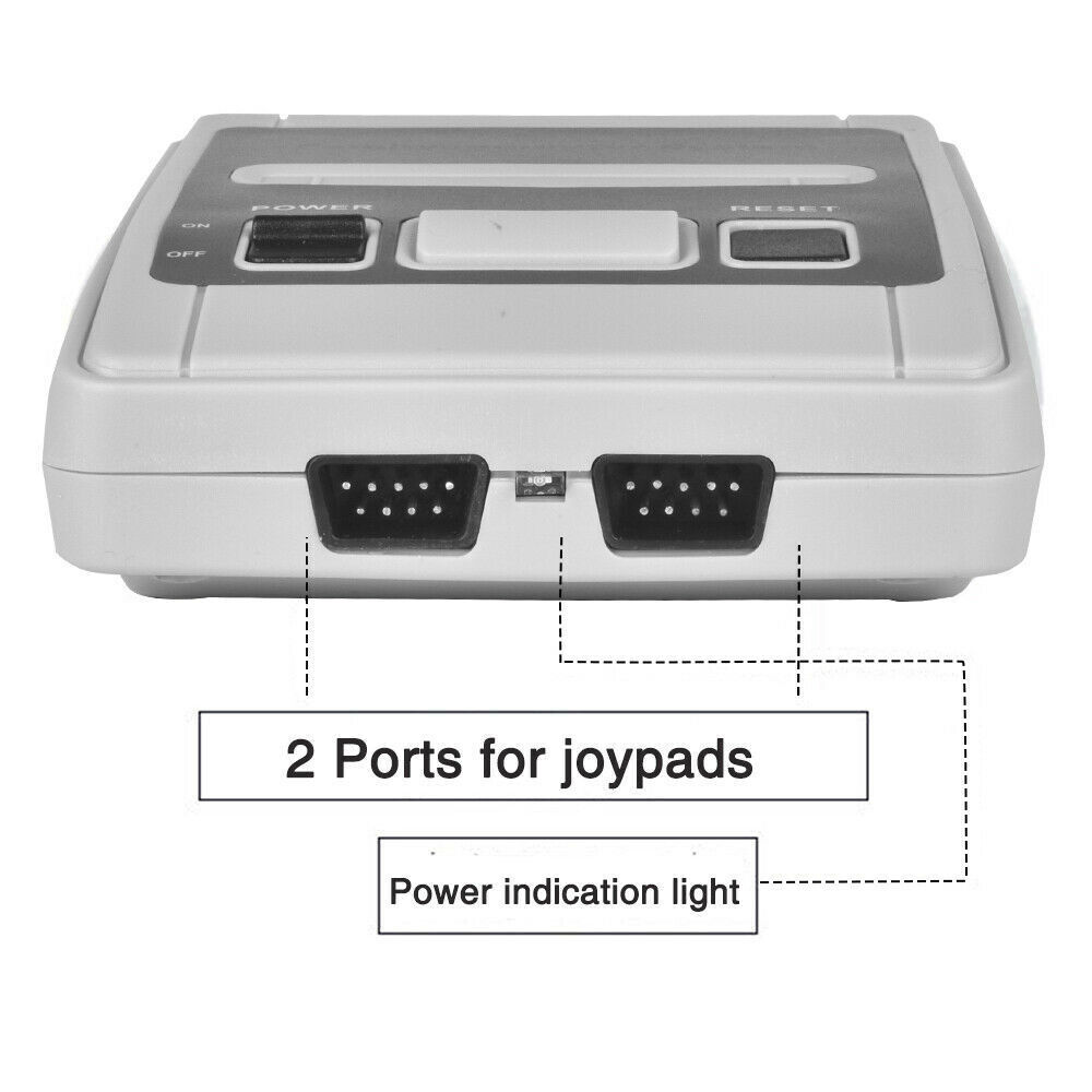 Nahaufnahme einer Retro-Spielkonsole. Ports sind mit Etiketten sichtbar: 2 Anschlüsse für Joypads, Stromanzeigelicht. Details gezeigt.