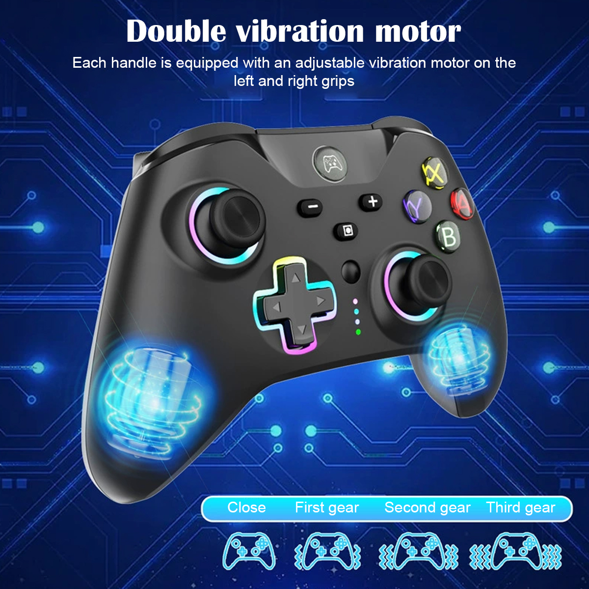 Ein schwarzes Gamepad wird mit blauer Beleuchtung an den Seiten gezeigt. Das Gamepad hat mehrere Tasten und ein Steuerkreuz.