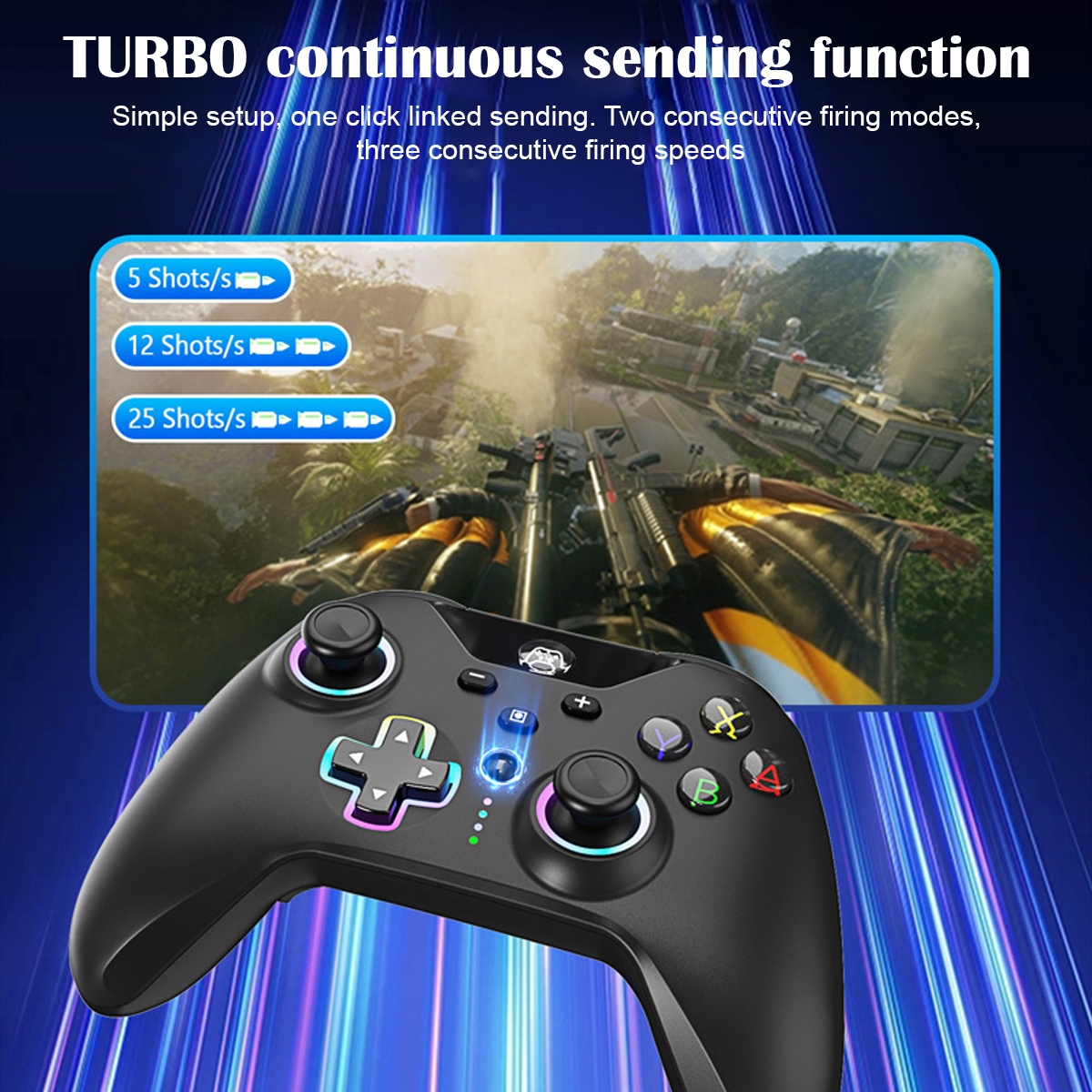 Ein schwarzer Gamecontroller mit Knöpfen und Steuerkreuz, mit Text, der Turbo-Schussraten anzeigt.