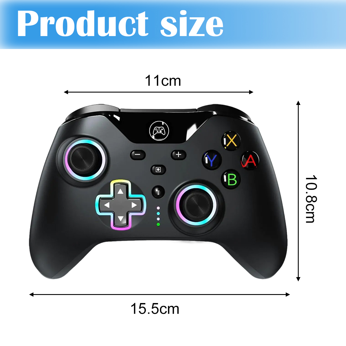 Ein schwarzes Gamepad wird mit Maßen gezeigt. Das Gamepad hat mehrere Tasten und ein Steuerkreuz.