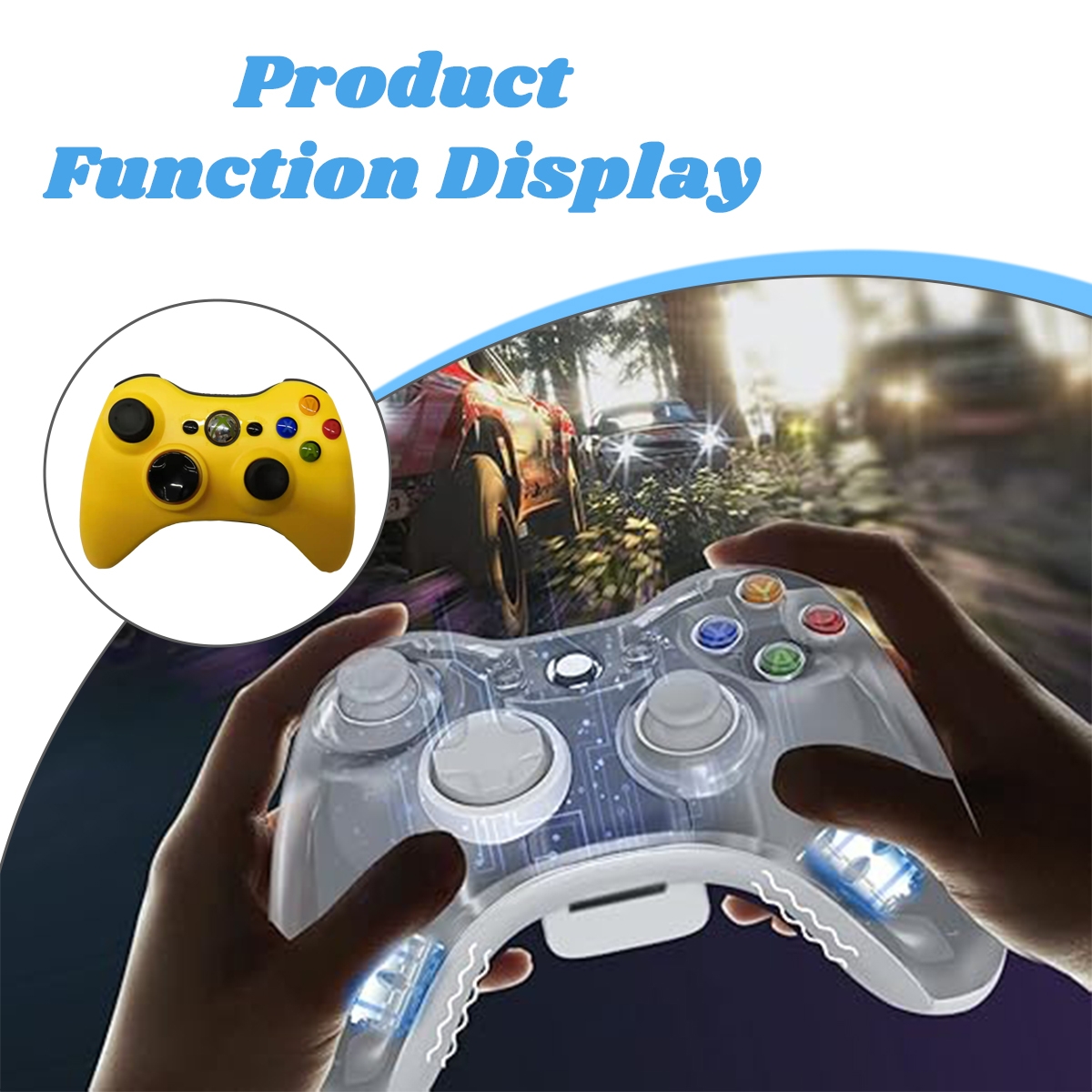 Ein gelber Controller wird von Händen gehalten. Im Hintergrund sind zwei Autos zu sehen.