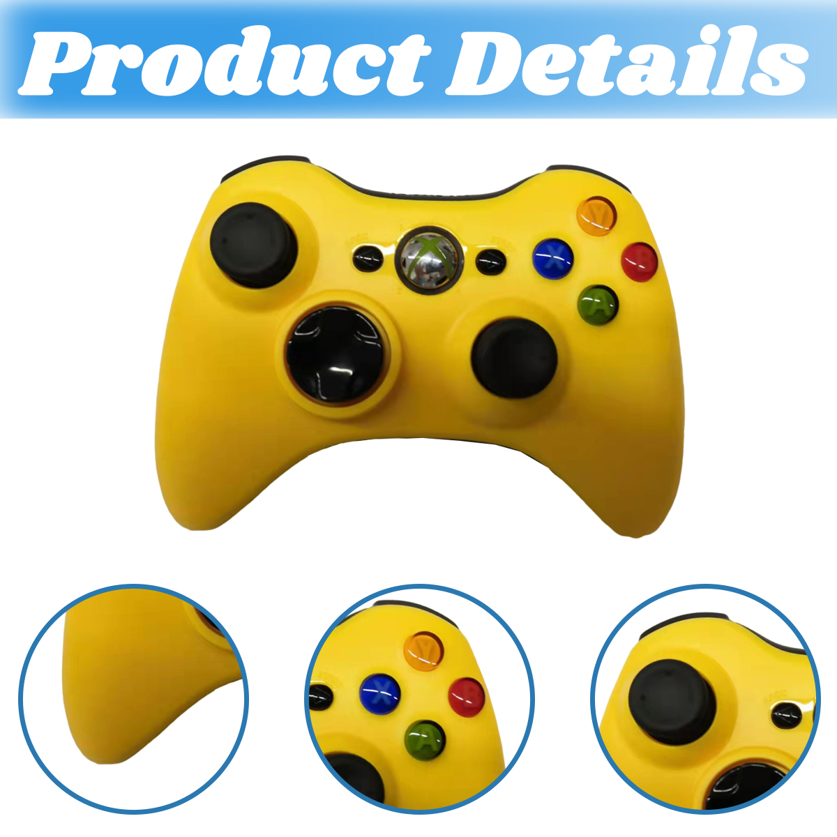 Das Bild zeigt die Funktionen des gelben Gamepads. Es werden mehrere Nahaufnahmen bereitgestellt.