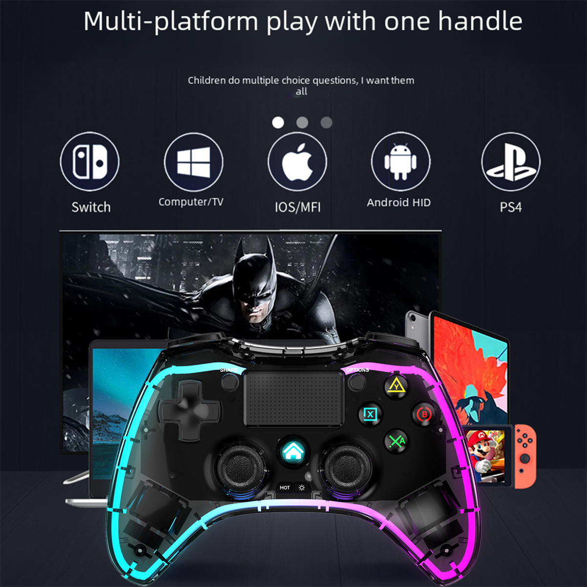 Ein schwarzer Gamecontroller mit blauen und pinken Lichtern, mit Symbolen für verschiedene Gaming-Plattformen.