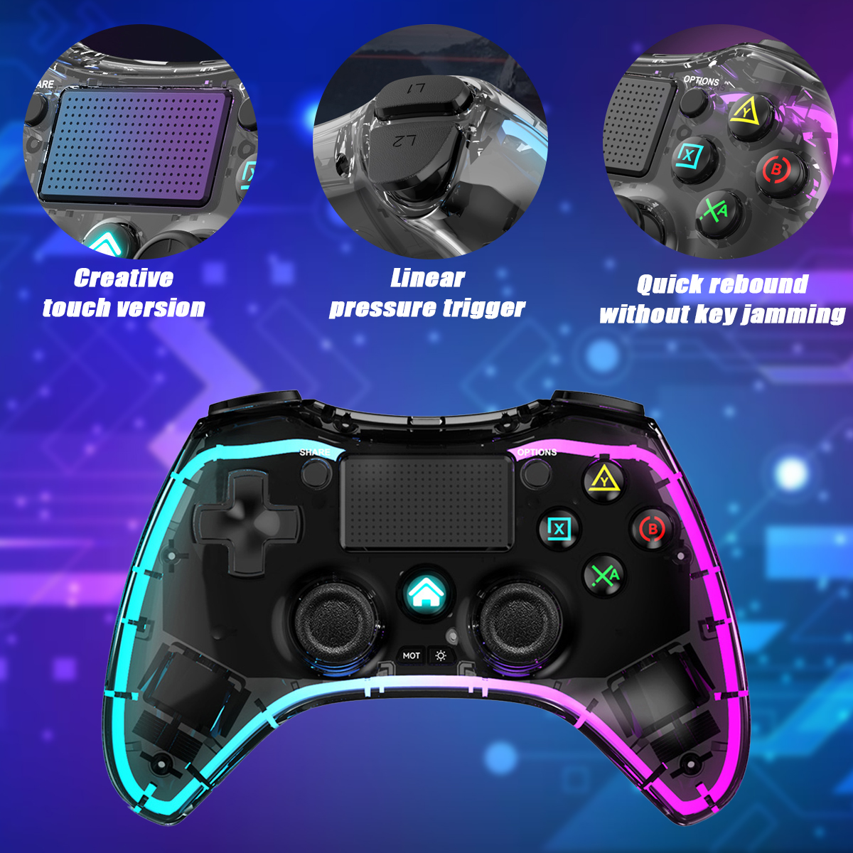 Ein durchsichtiger Gamecontroller mit Knöpfen, Steuerkreuz und Touch-Version, beleuchtet mit Blau und Pink.