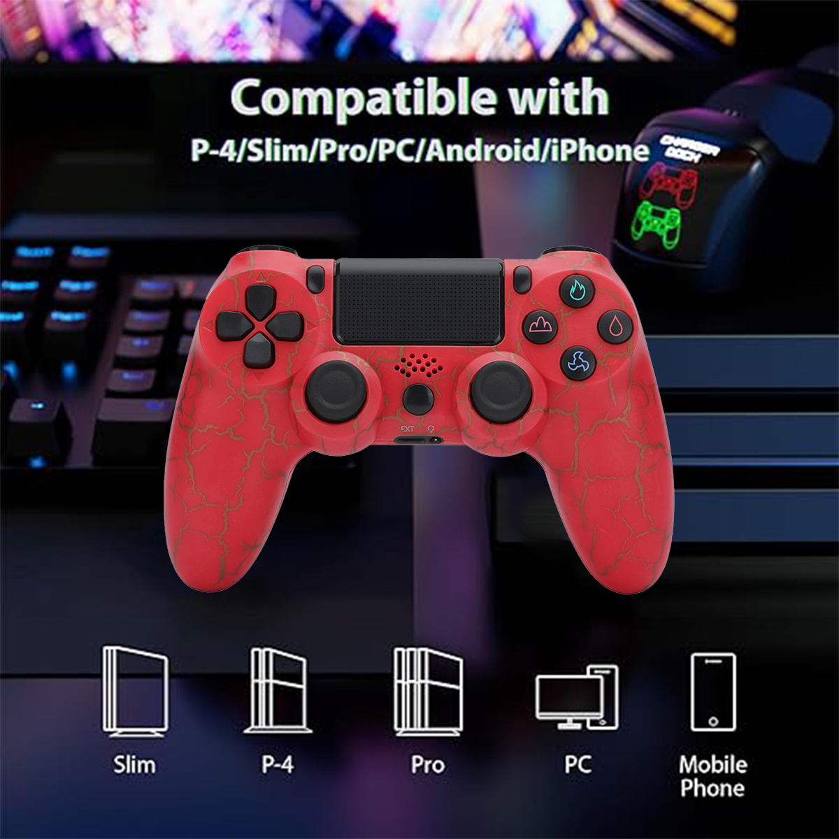 Ein roter Gamecontroller mit Rissmuster. Er hat Knöpfe, ein Steuerkreuz und ist mit verschiedenen Geräten kompatibel.