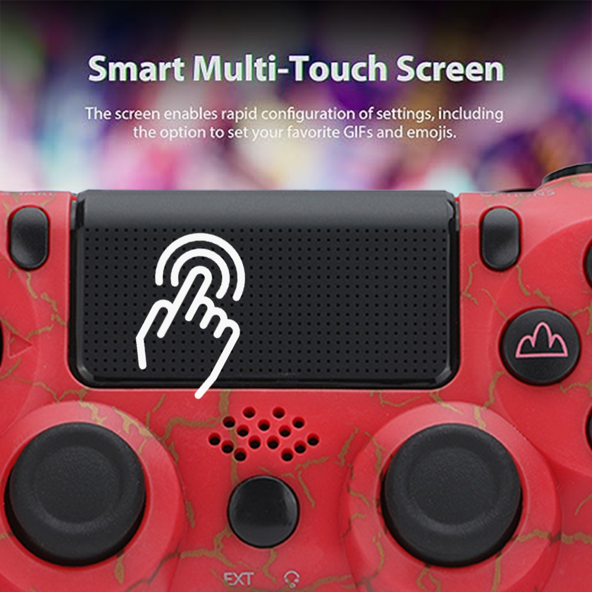 Nahaufnahme eines roten Gamecontrollers mit einem Touchscreen-Symbol und einem Finger, der darauf zeigt.