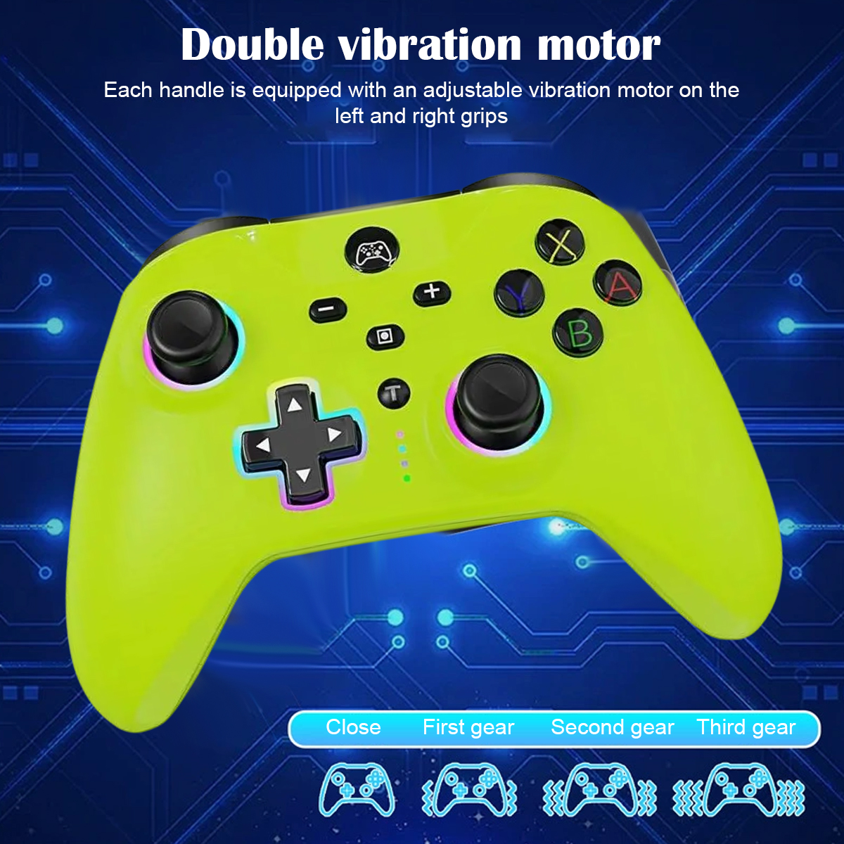 Ein grüner Gamecontroller mit schwarzen Knöpfen und farbigen Lichtern. Text unten zeigt Gangeinstellungen.