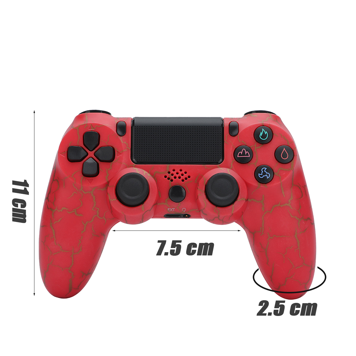 Ein roter Gamecontroller mit den Maßen: 11 cm Höhe, 7,5 cm Breite und ein gebogener Abschnitt von 2,5 cm.