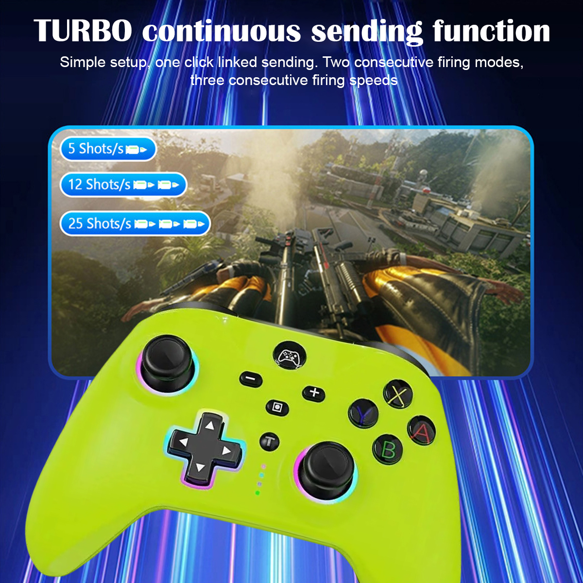 Grüner Gamecontroller mit Text zur Turbo-Funktion und Schussgeschwindigkeiten, mit einem Bild einer Spielszene.