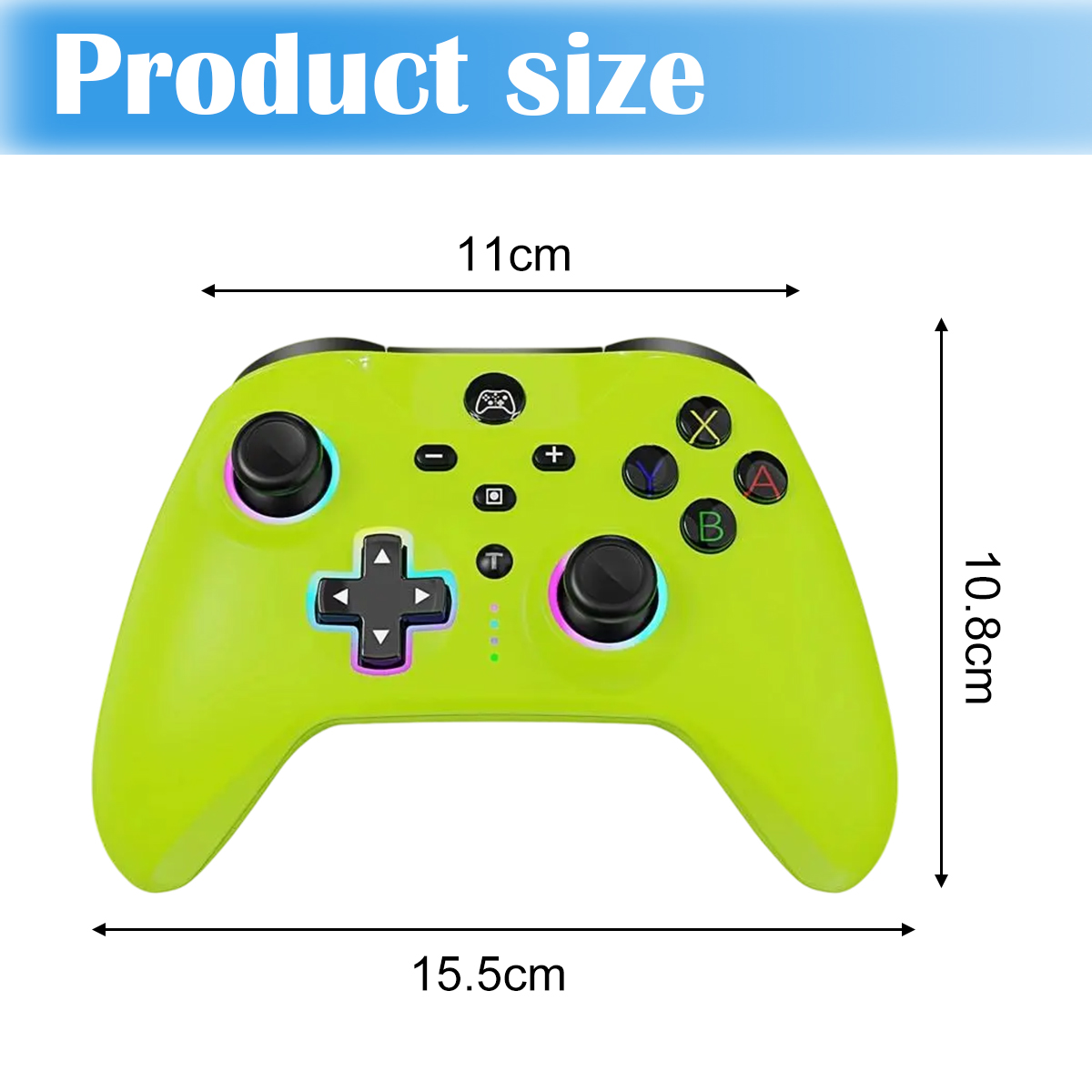 Ein limettengrüner Gamecontroller mit den Maßen 11 cm Länge und 10,8 cm Höhe.