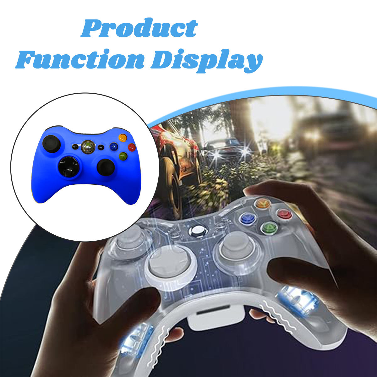 Ein blauer Gamecontroller mit einem Auto und Straßenbild im Hintergrund.