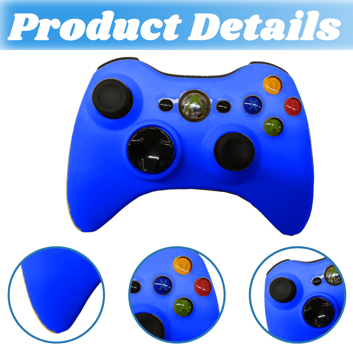 Ein blauer Gamecontroller mit detaillierten Ansichten von Knöpfen und Oberflächenstrukturen.