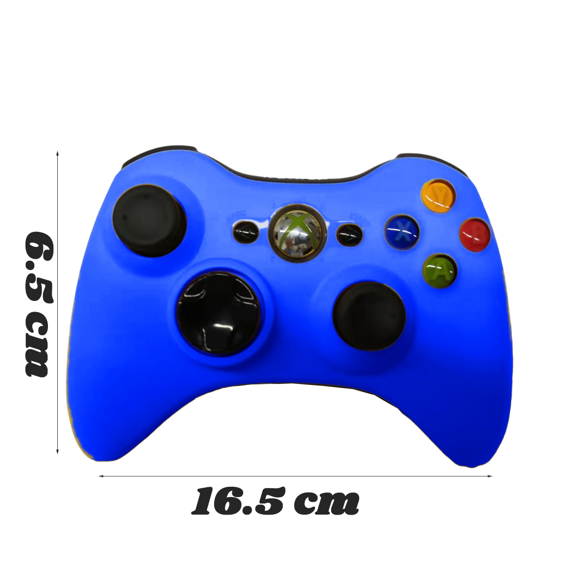Ein blauer Gamecontroller mit Knöpfen, Abmessungen 6,5 cm x 16,5 cm. Knöpfe: Steuerkreuz, Analogsticks, Aktionstasten.