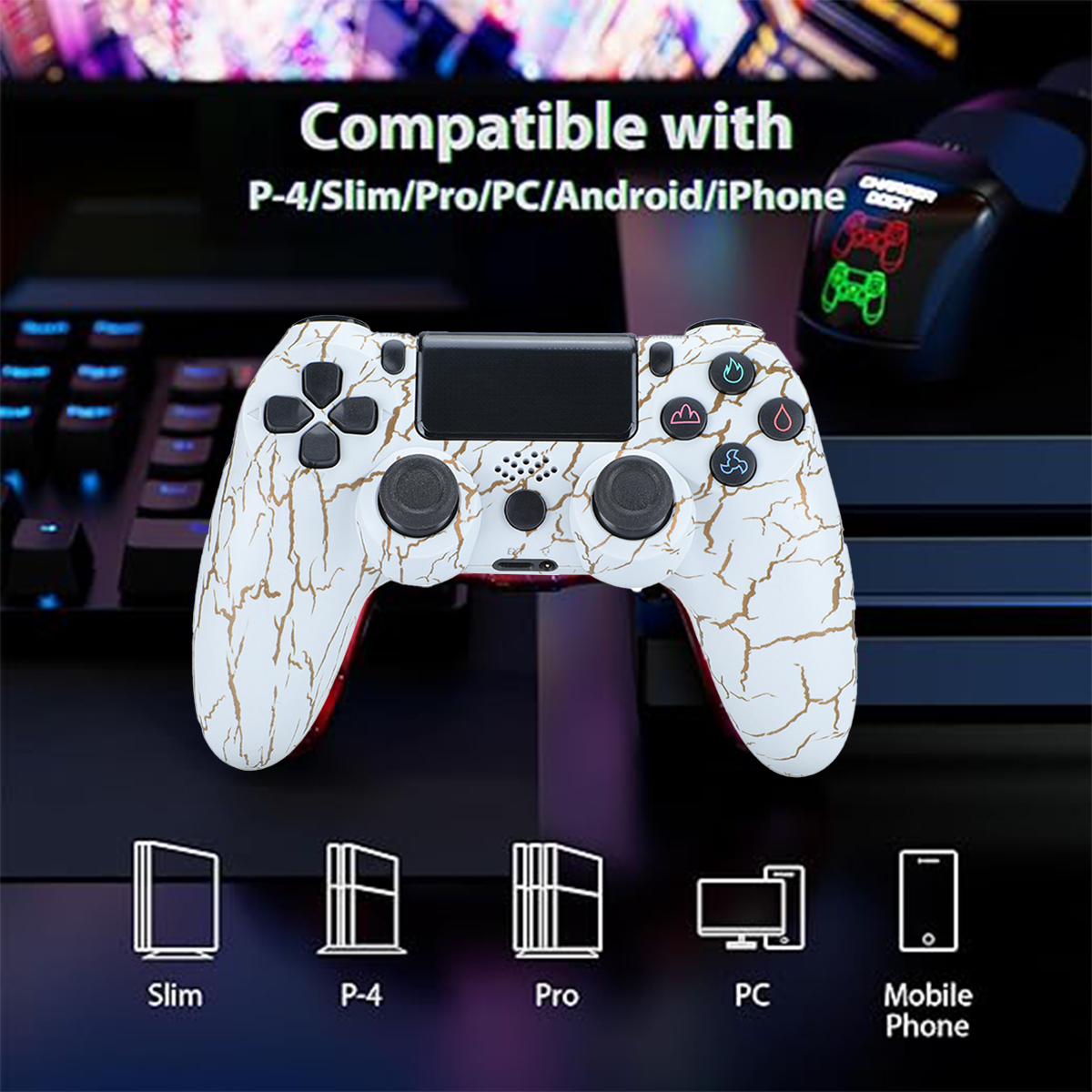 Ein weiß-gold gemusterter PS4-Controller mit Kompatibilitätstext, einschließlich Slim, Pro, PC und iPhone.