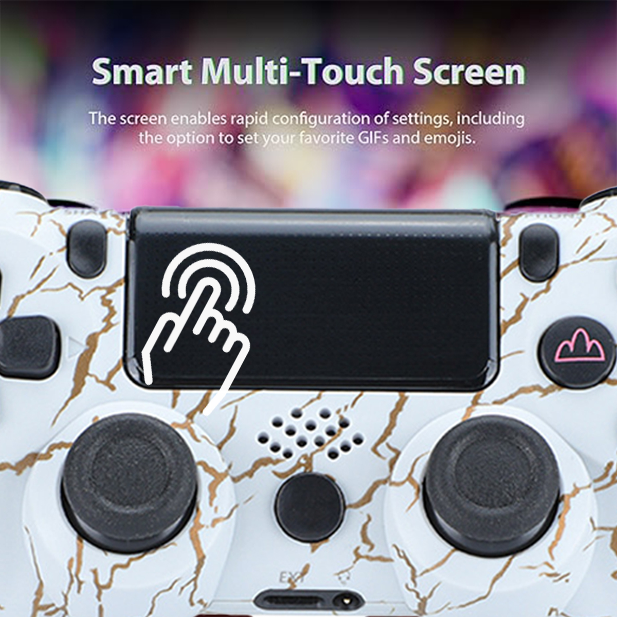 Nahaufnahme eines Gaming-Controllers, die den Touchscreen-Bereich mit einem Finger-Symbol zeigt, das auf Berührung hinweist.