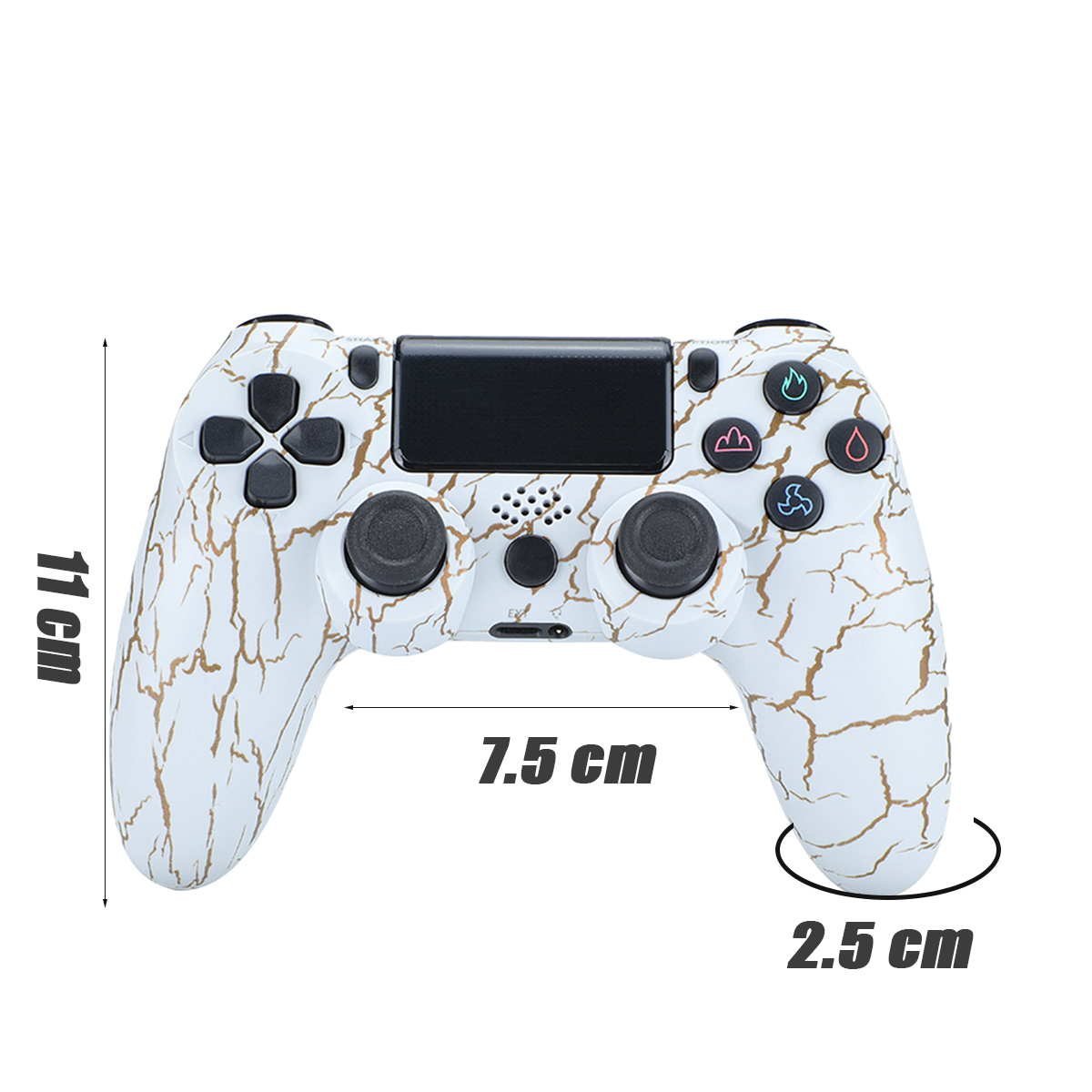 Weiß-goldener PS4-Controller mit Maßen. Abmessungen 11 cm x 7,5 cm x 2,5 cm. Schwarze Tasten und Joysticks.