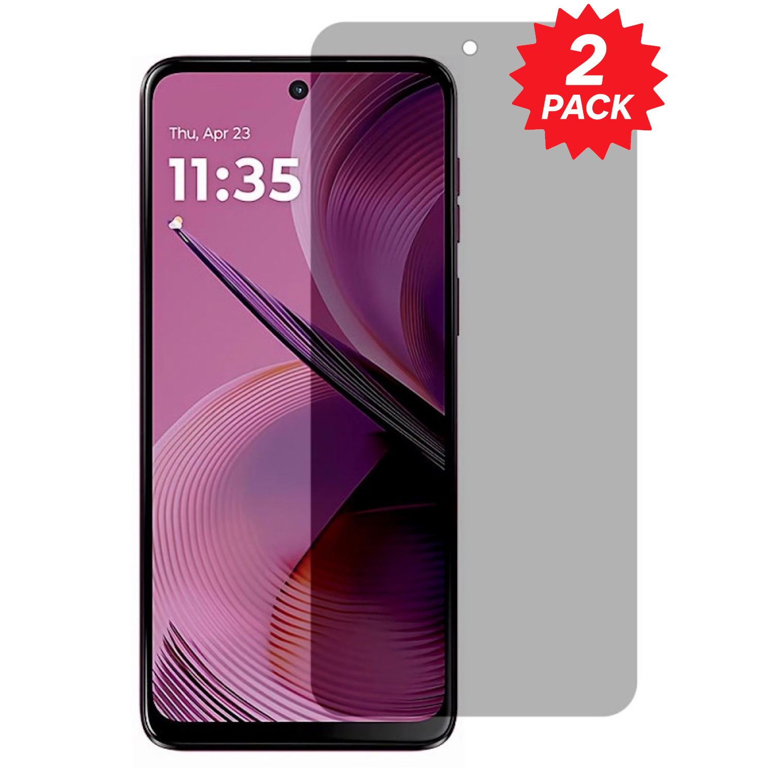 Schwarzes Telefon mit Displayschutzfolie. Der Bildschirm zeigt eine Uhr. Graue Displayschutzfolie rechts.